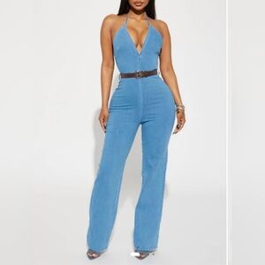 Fashion Nova Denim Blue Halter Top Jumpsuit w/ Brown Faux Leather Belt NWT